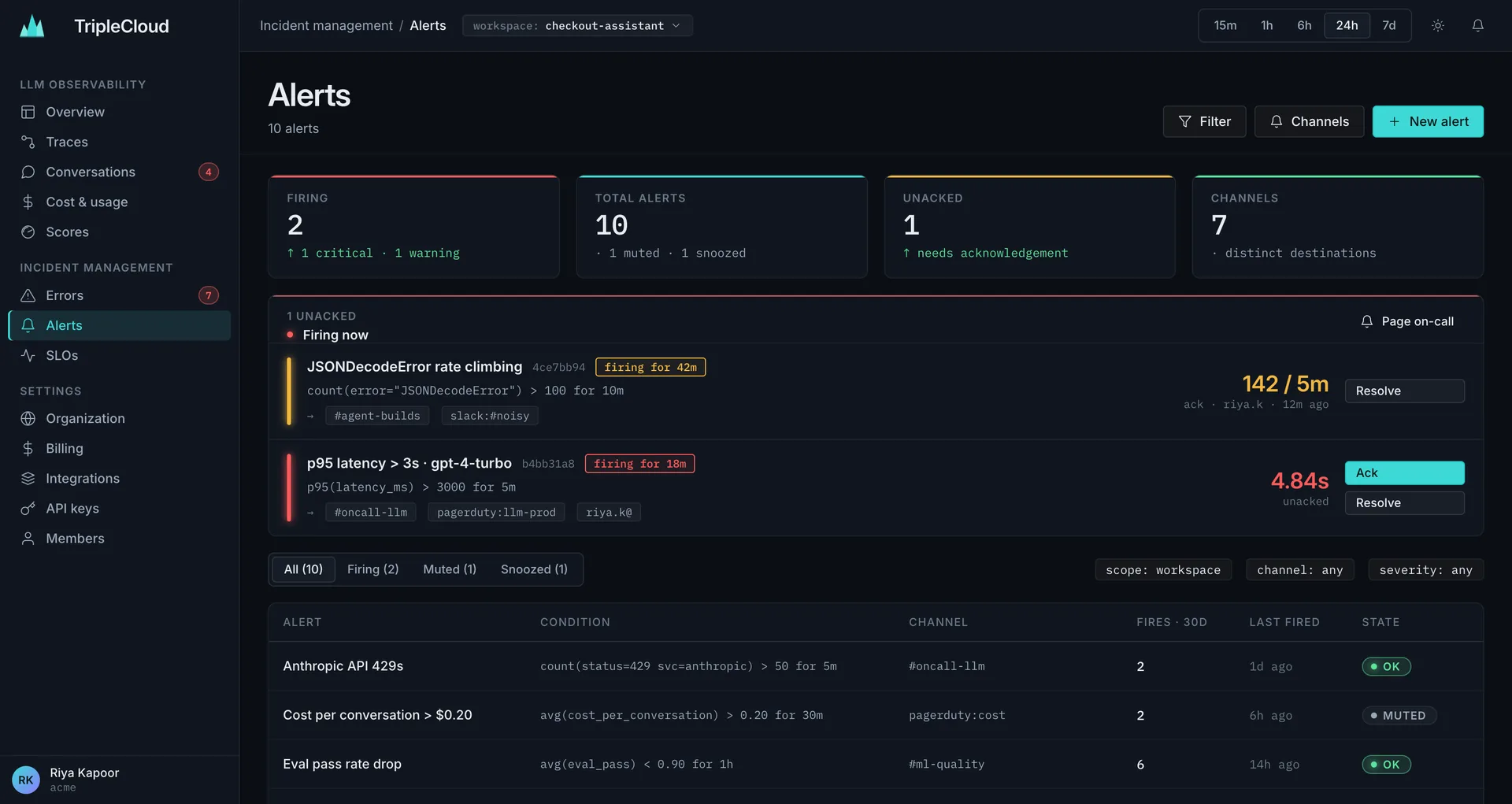 TripleCloud alerts view with on-call paging and acknowledgements